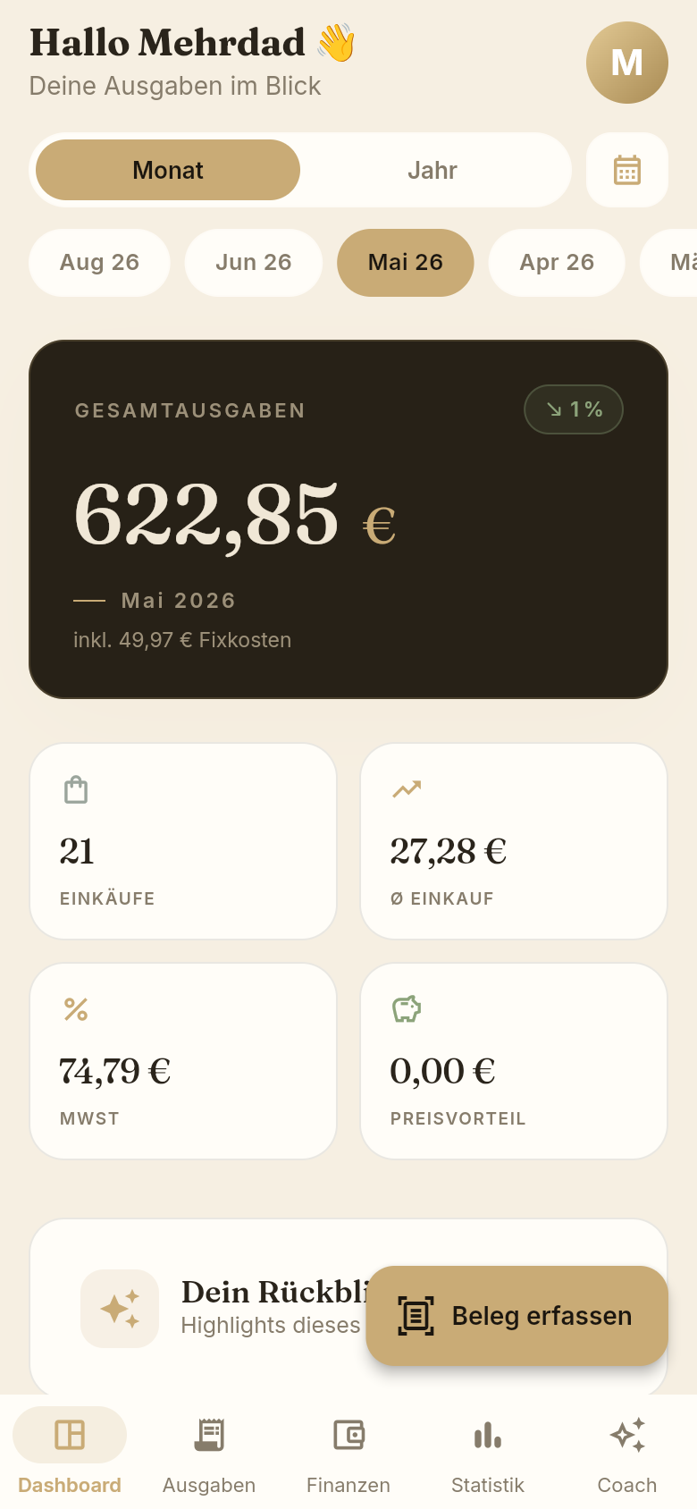 Belegio Dashboard mit Ausgaben-Ring und Gesamtausgaben