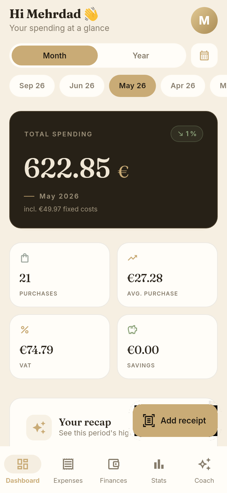 Belegio dashboard in English, showing total spending for the month