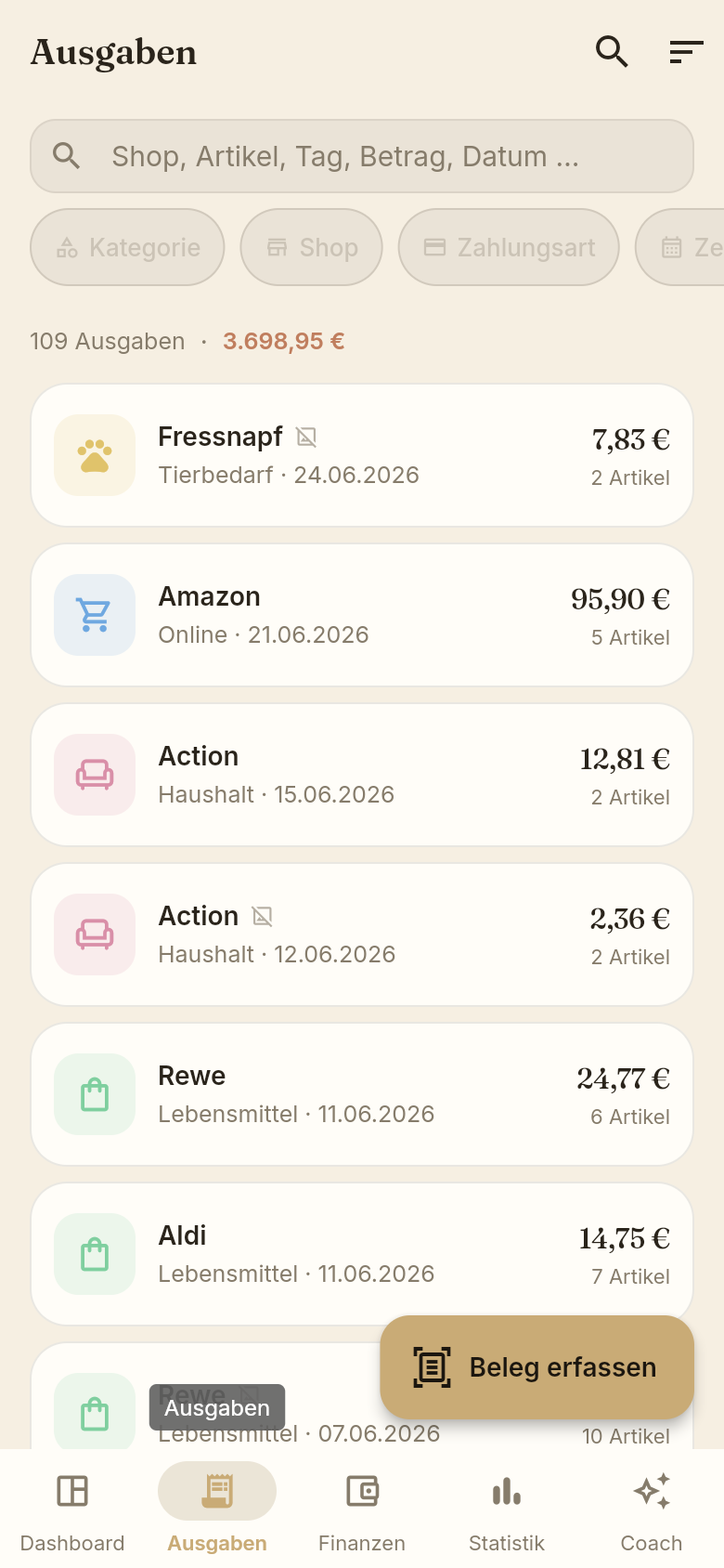 Ausgabenliste mit gemeinsamen und privaten Belegen