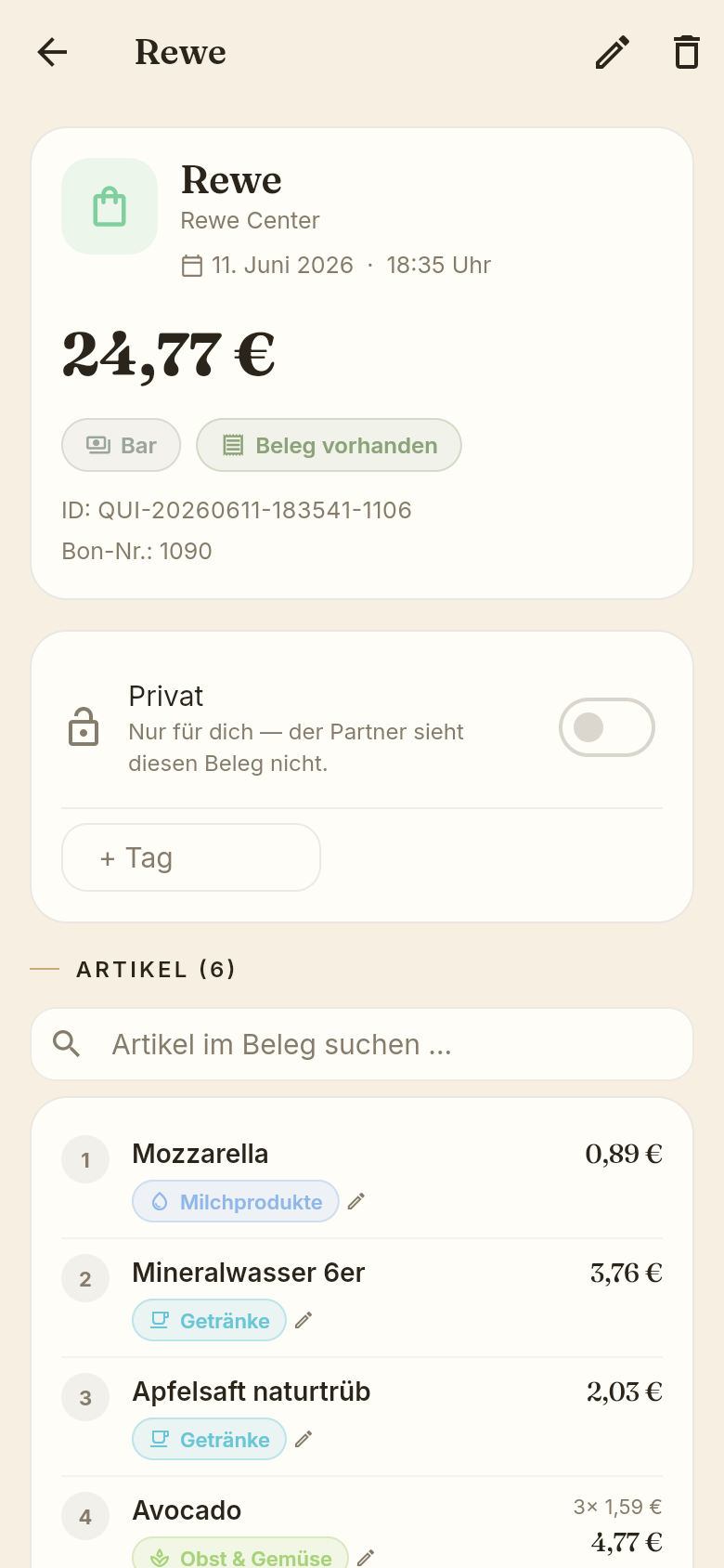 Beleg-Detailansicht mit Artikelliste und Kategorien