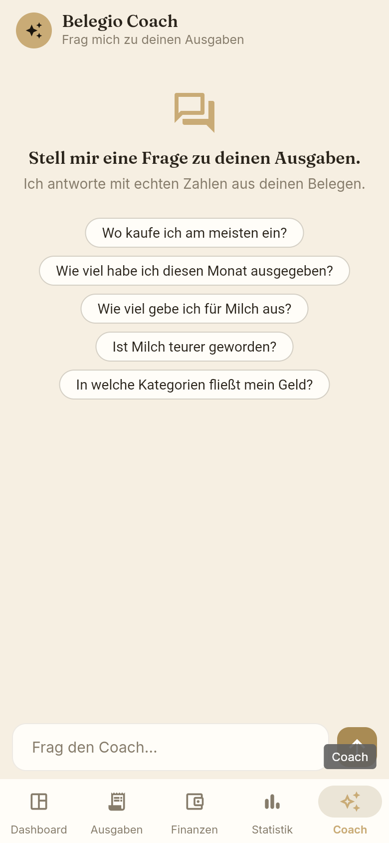 Coach-Ansicht mit KI-Antwort auf eine Ausgaben-Frage