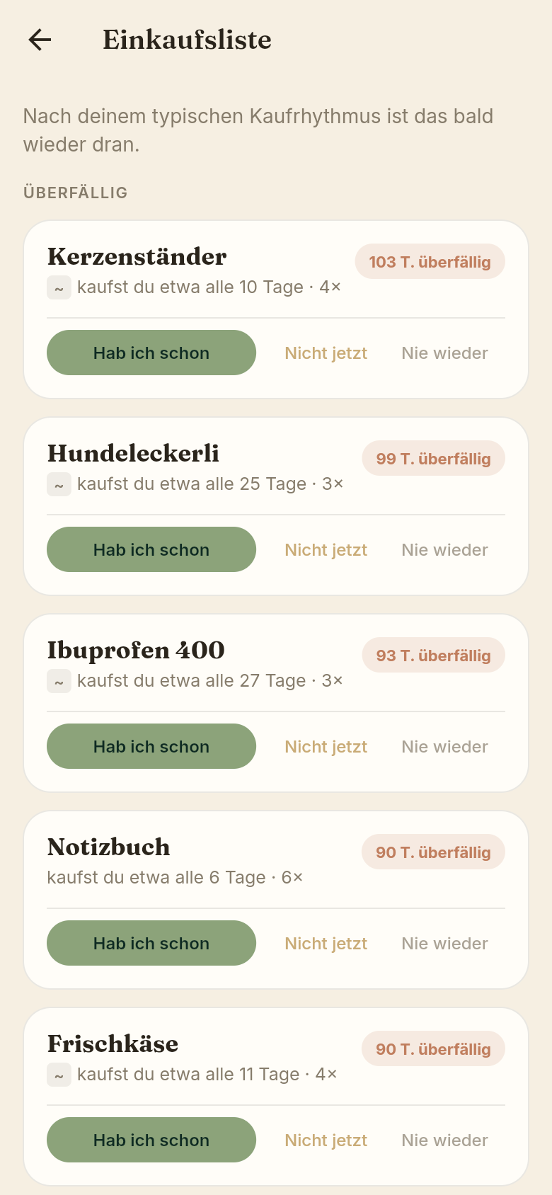 Erinnerungsliste mit Produkten und letztem Kauf